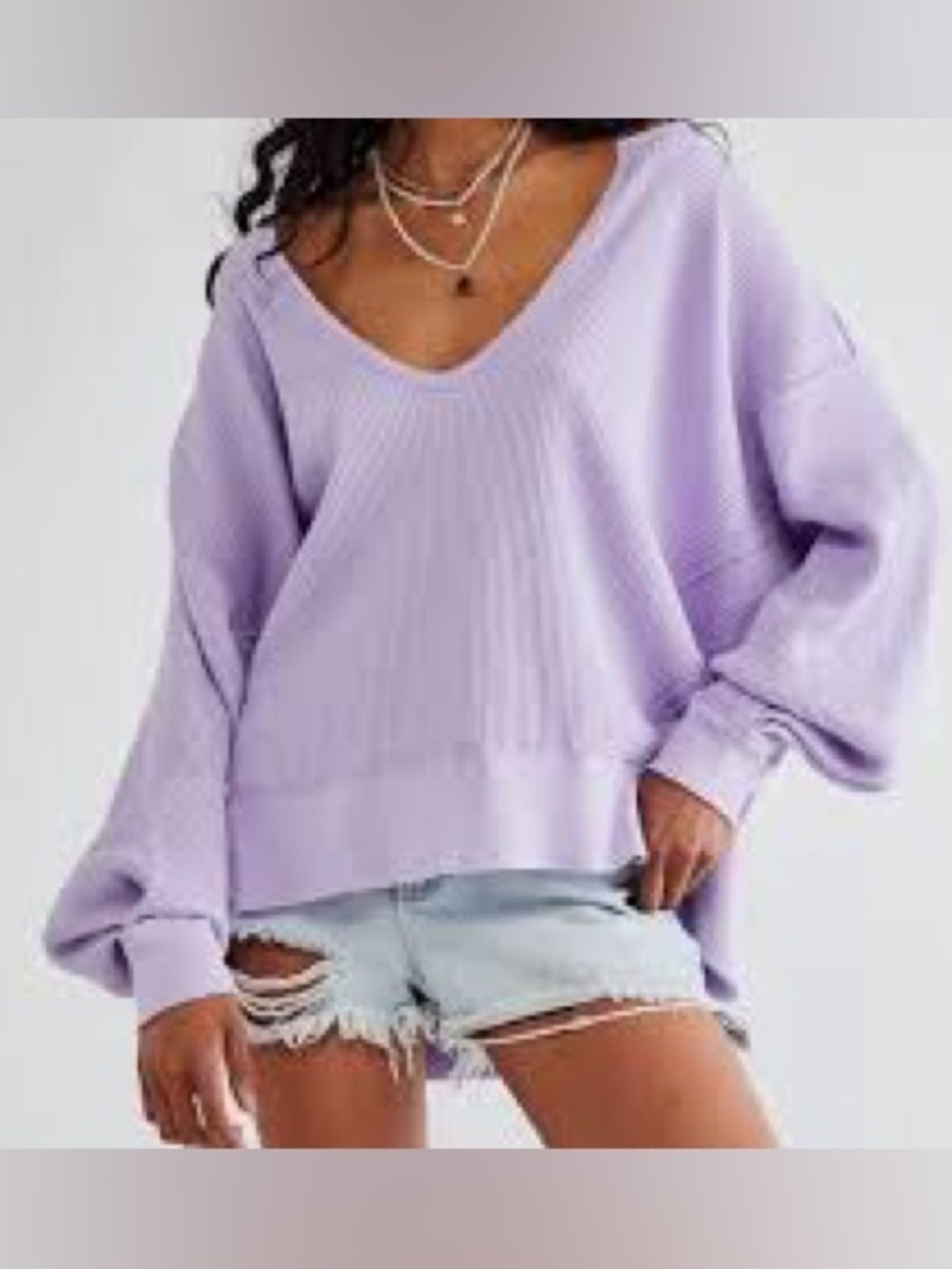 Free People We The Free Lavender Waffle Knit Balloon Sleeve Thermal Top M
